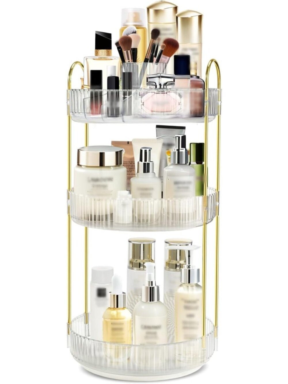360° Rotating Makeup Organizer - 3-Tier Vanity Storage, Clear Trays, Gold Frame